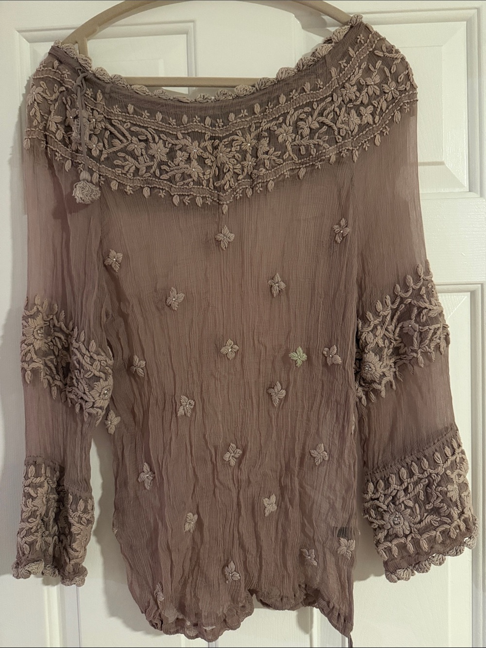 Trussardi Jeans Embroidered Sheer Boho Blouse Crystal Beaded Taupe Size L